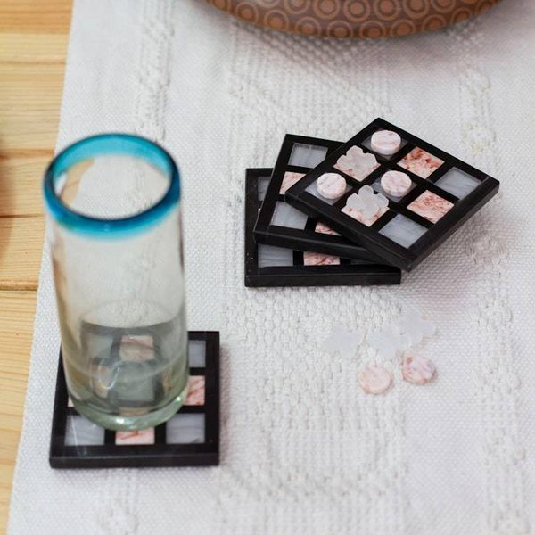 Alternate image for Modern Onyx Marble Coasters and Tic-Tac-Toe Game Set of 4 Fun Hosting