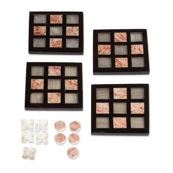 Alternate image for Modern Onyx Marble Coasters and Tic-Tac-Toe Game Set of 4 Fun Hosting