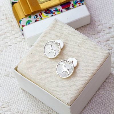 Alternate image for Round Modern Silver Cufflinks with Sagittarius Zodiac Symbol Sagittarius Totem