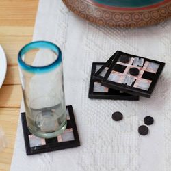 Image for Set of 4 Onyx and Marble Coasters with Tic-Tac-Toe Pieces Fun Entertaining