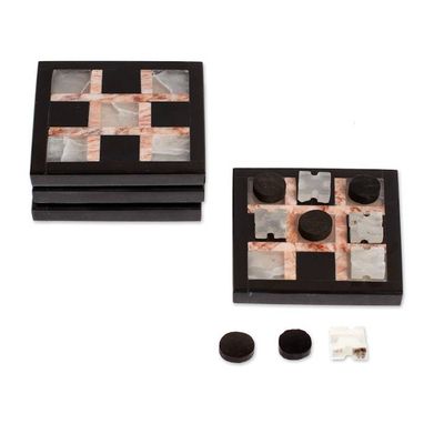 Alternate image for Set of 4 Onyx and Marble Coasters with Tic-Tac-Toe Pieces Fun Entertaining