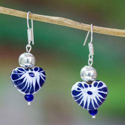 Image for Heart-Shaped Blue and White Talavera Ceramic Dangle Earrings Cobalt Hearts