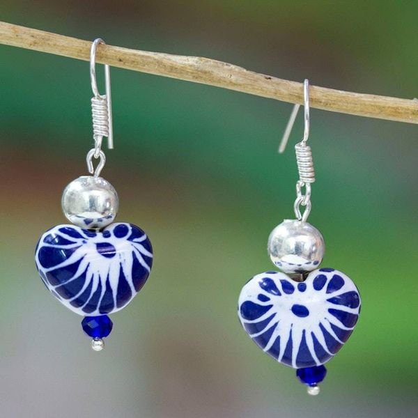 Alternate image for Heart-Shaped Blue and White Talavera Ceramic Dangle Earrings Cobalt Hearts