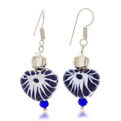Alternate image for Heart-Shaped Blue and White Talavera Ceramic Dangle Earrings Cobalt Hearts