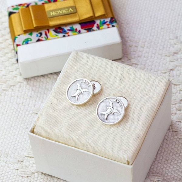 Alternate image for Aries-Themed Minimalist Silver Cufflinks Crafted in Mexico Aries Totem