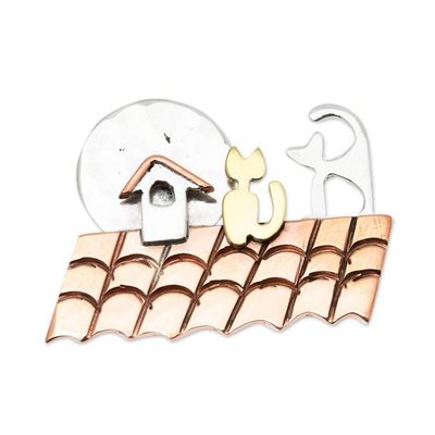 Alternate image for Handmade Cat Motif Brooch Pin Cats on a Roof