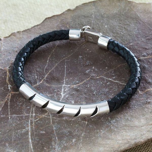 Alternate image for Mens Modern Leather and Sterling Silver Pendant Bracelet Todays Heroism