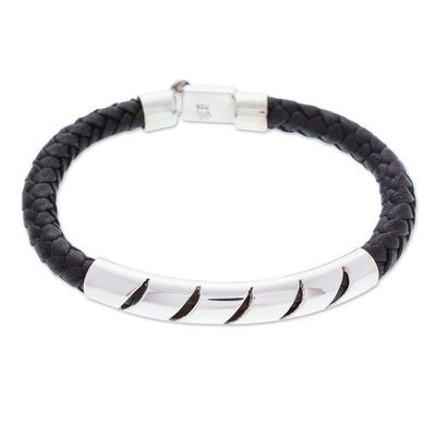 Alternate image for Mens Modern Leather and Sterling Silver Pendant Bracelet Todays Heroism