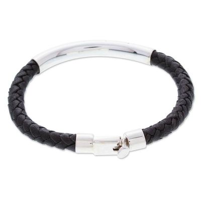 Alternate image for Mens Modern Leather and Sterling Silver Pendant Bracelet Todays Heroism