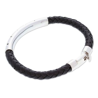 Alternate image for Mens Modern Leather and Sterling Silver Pendant Bracelet Todays Heroism