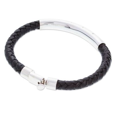Alternate image for Mens Modern Leather and Sterling Silver Pendant Bracelet Todays Heroism