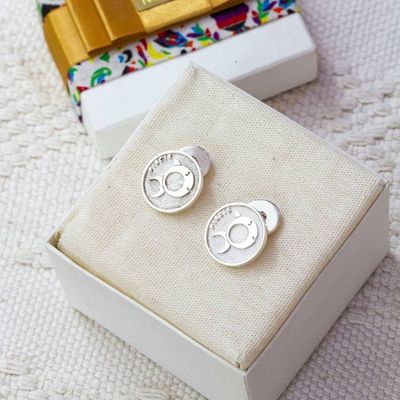 Primary image for Pisces-Themed Modern Round Silver Cufflinks Made in Mexico Pisces Totem