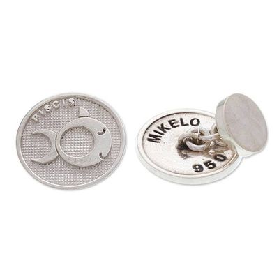 Alternate image for Pisces-Themed Modern Round Silver Cufflinks Made in Mexico Pisces Totem