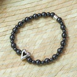 Image for Hematite Stretch Bracelet with Taxco Silver Heart Pendant Cool Heart