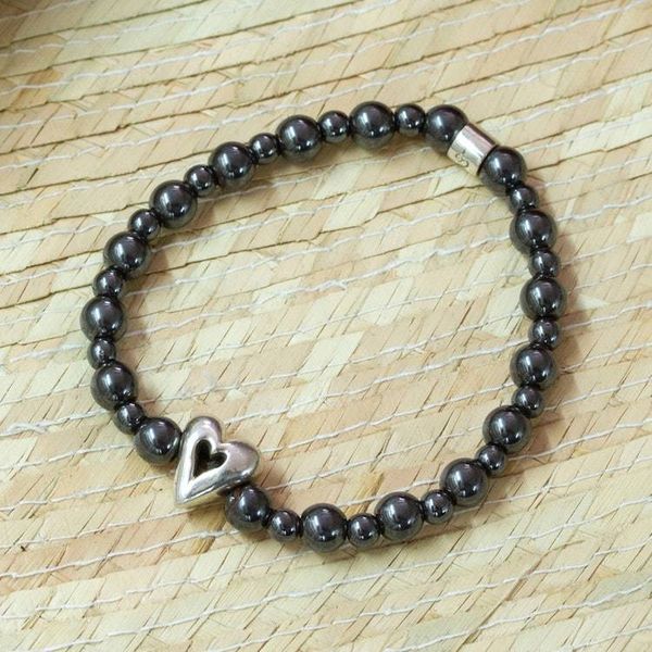 Alternate image for Hematite Stretch Bracelet with Taxco Silver Heart Pendant Cool Heart