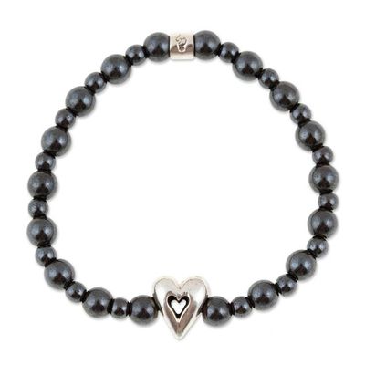 Alternate image for Hematite Stretch Bracelet with Taxco Silver Heart Pendant Cool Heart