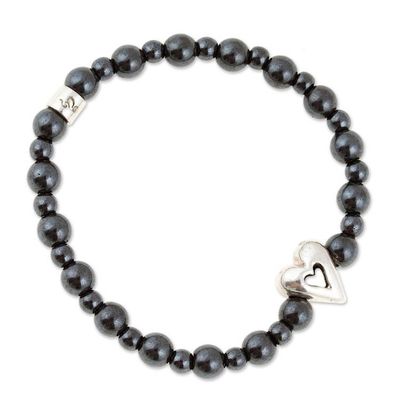 Alternate image for Hematite Stretch Bracelet with Taxco Silver Heart Pendant Cool Heart