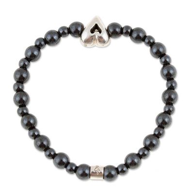 Alternate image for Hematite Stretch Bracelet with Taxco Silver Heart Pendant Cool Heart