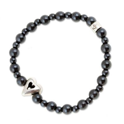 Alternate image for Hematite Stretch Bracelet with Taxco Silver Heart Pendant Cool Heart