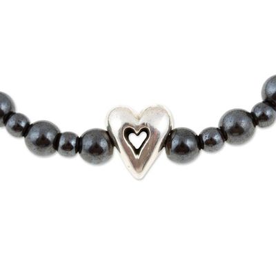 Alternate image for Hematite Stretch Bracelet with Taxco Silver Heart Pendant Cool Heart