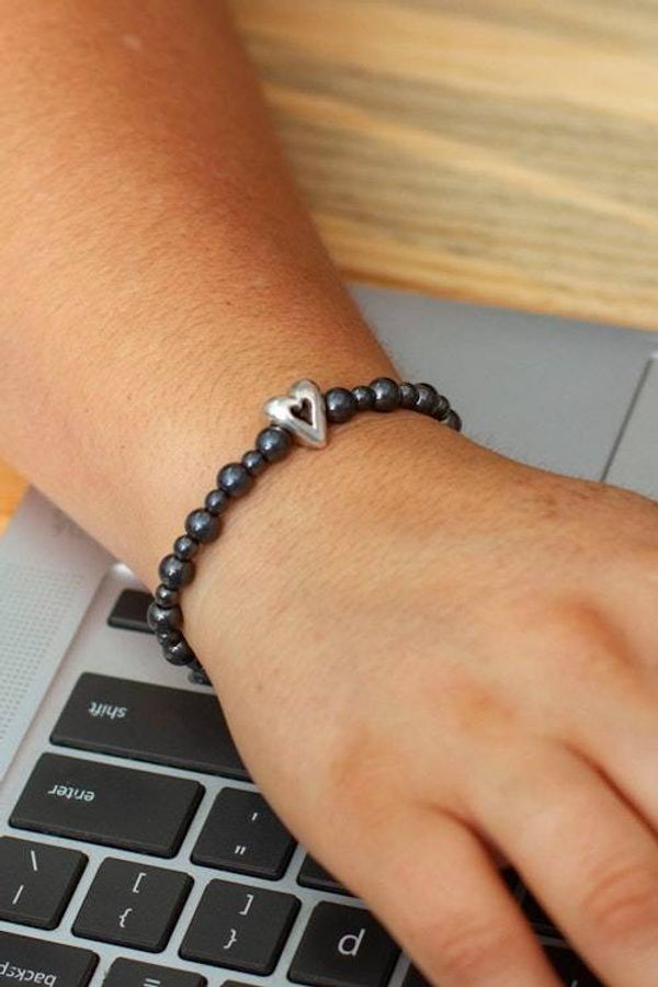 Alternate image for Hematite Stretch Bracelet with Taxco Silver Heart Pendant Cool Heart