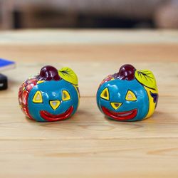 Image for Jack-O-Lantern Talavera Ceramic Tealight Holders Pair Bright Jack-O-Lantern