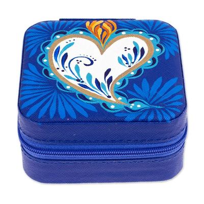 Alternate image for Heart-Themed Hand-Painted Indigo Faux Leather Jewelry Box Indigo Adoration
