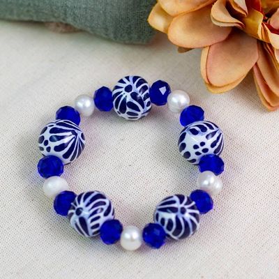 Primary image for Cultured Pearl and Ceramic Puebla Bead Stretch Bracelet Blue Celebration