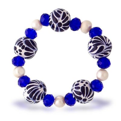 Alternate image for Cultured Pearl and Ceramic Puebla Bead Stretch Bracelet Blue Celebration