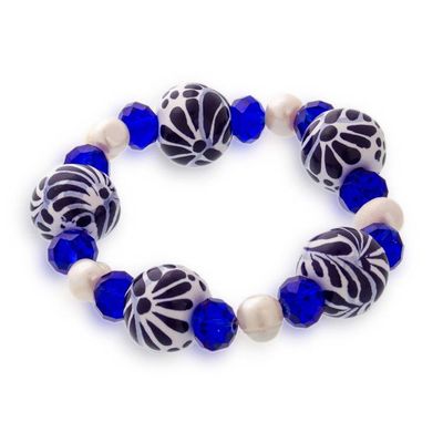 Alternate image for Cultured Pearl and Ceramic Puebla Bead Stretch Bracelet Blue Celebration