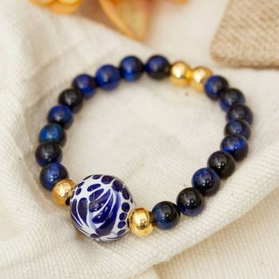 Primary image for 10k Gold-Accented Blue Tigers Eye Beaded Pendant Bracelet Courageous Blue