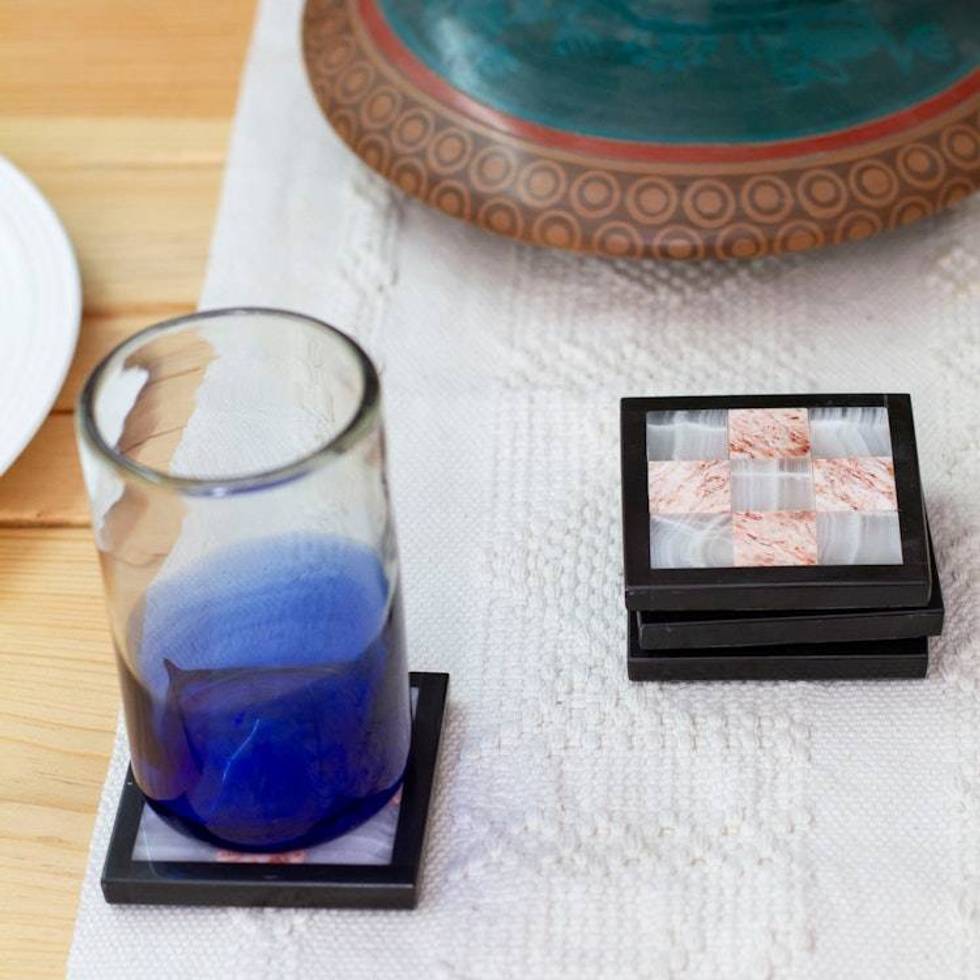 Chess Board-Themed Carved Onyx Marble Coasters Set of 4 'Chess Harmony'