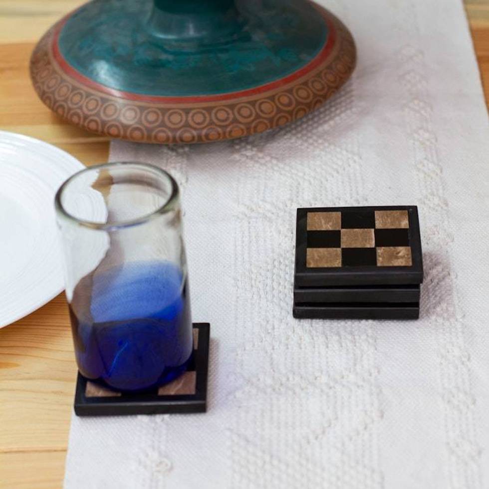 4 Chess Board-Inspired Square Onyx and Marble Coasters 'Chess Charm'