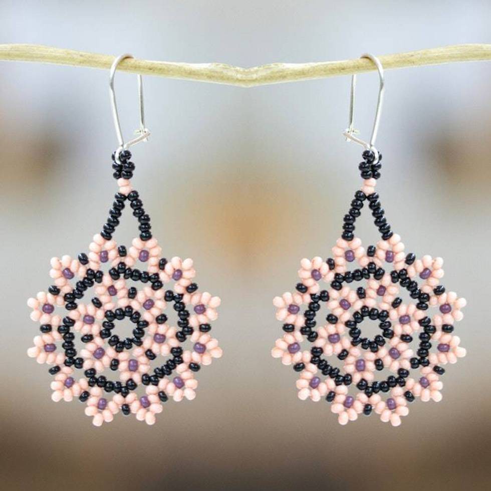 Glass Beaded Floral Dangle Earrings from Mexico 'Sweet Star Flowers'