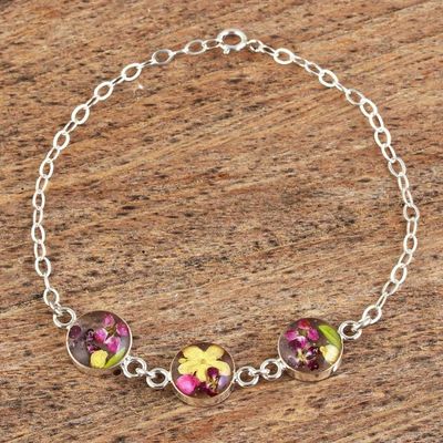 Primary image for Sterling Silver Chain Bracelet with Three Flowered Pendants Purple Anahuac Flowers