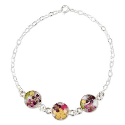 Alternate image for Sterling Silver Chain Bracelet with Three Flowered Pendants Purple Anahuac Flowers
