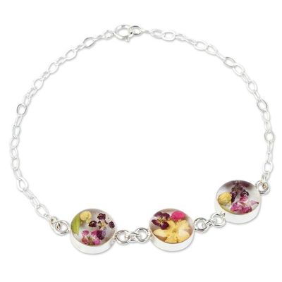 Alternate image for Sterling Silver Chain Bracelet with Three Flowered Pendants Purple Anahuac Flowers