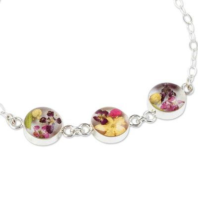 Alternate image for Sterling Silver Chain Bracelet with Three Flowered Pendants Purple Anahuac Flowers