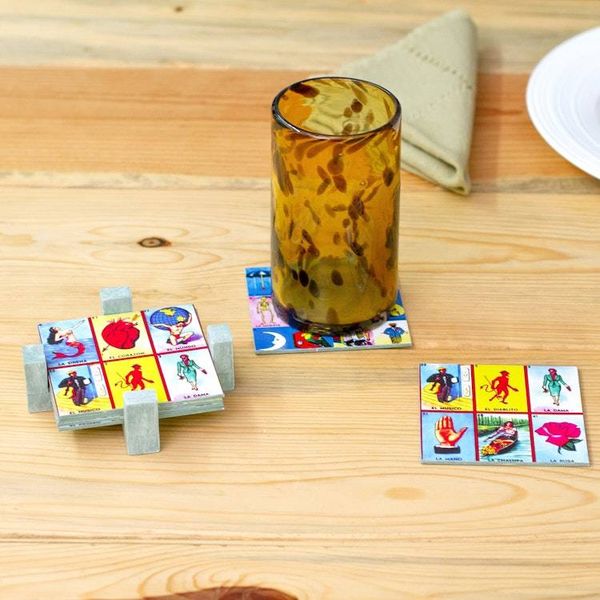Alternate image for Decoupage 7-Piece Pinewood Loteria Coaster and Stand Set Loteria Drinks