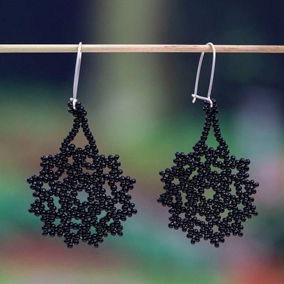 Primary image for Black Floral Glass Beaded Dangle Earrings from Mexico Black Floral Medallions