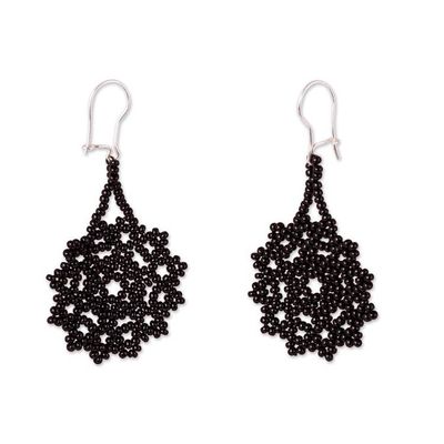 Alternate image for Black Floral Glass Beaded Dangle Earrings from Mexico Black Floral Medallions