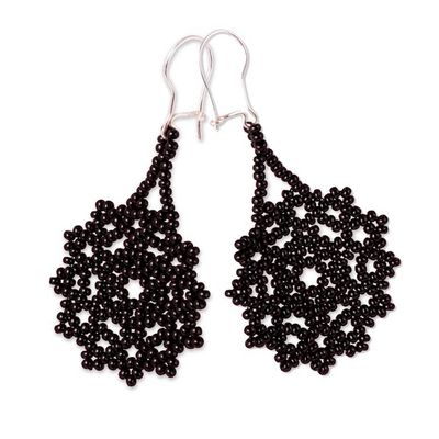 Alternate image for Black Floral Glass Beaded Dangle Earrings from Mexico Black Floral Medallions