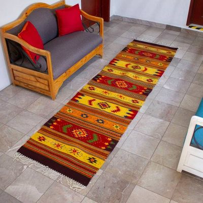 Alternate image for Hand-Loomed Zapotec Wool Runner with Mexican Symbols Vibrant Symbols
