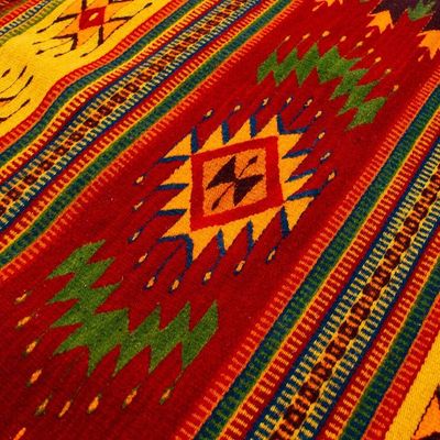 Alternate image for Hand-Loomed Zapotec Wool Runner with Mexican Symbols Vibrant Symbols