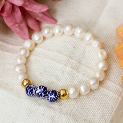 Primary image for White Cultured Pearl and Talavera Ceramic Beaded Bracelet Pearly White Talavera
