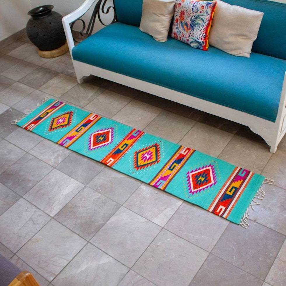 Turquoise Zapotec Wool Runner with Mexican Geometric Motifs 'Colorful Eye of God'