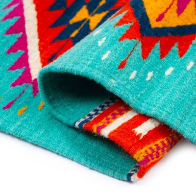 Alternate image for Turquoise Zapotec Wool Runner with Mexican Geometric Motifs Colorful Eye of God