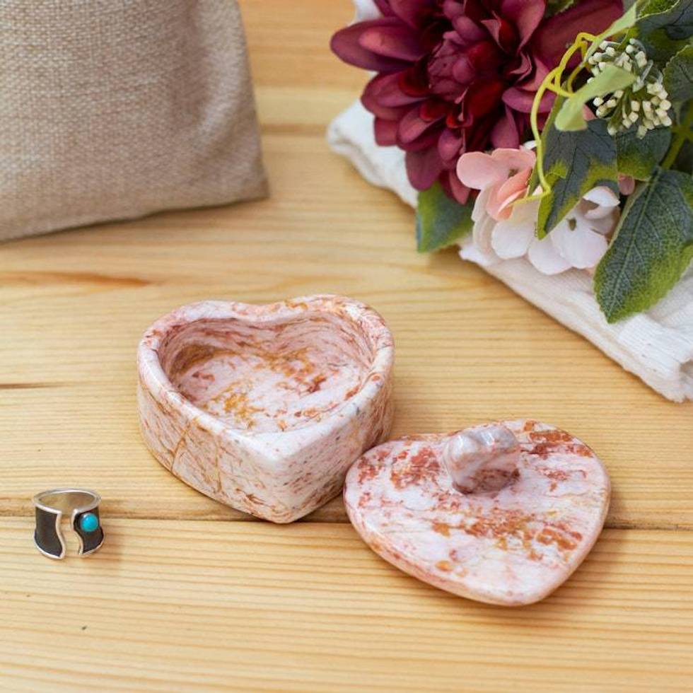 Hand-Carved Marble Decorative Jewelry Box with Heart Design 'I Give You my Heart'