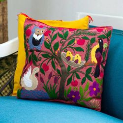 Image for Handmade Tropical Floral Embroidered Cotton Cushion Cover Jungle Wings