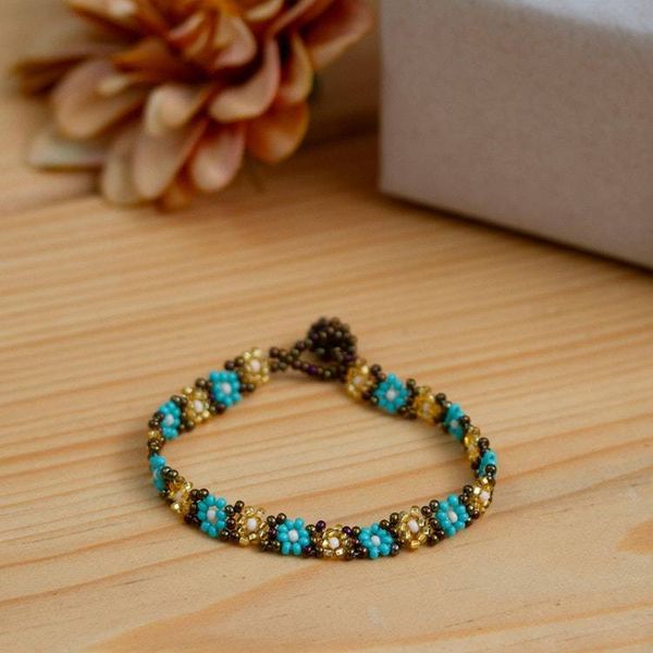 Alternate image for Handcrafted Glass Beaded Bracelet with Floral Motifs Turquoise Sparks